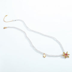 Christmas Red Corundum Snowflake Pendant Pearl Chain Sterling Silver Necklace