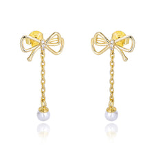 Bowknot Tassel Pearl Silver Drop Earrings for Women