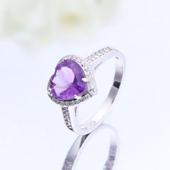 Natural Amethyst Heart Soleste Halo Silver Ring for Women