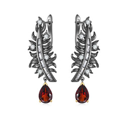 Italian Handmade Craft Inlaid Colourful Gemstone Feather Silver Drop Earrings for Women