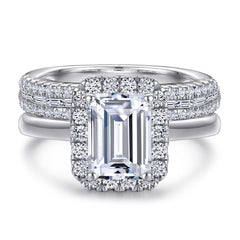Emerald Cut Zircon Soleste Halo Silver Ring Set for Women
