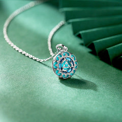 Lotus Pattern Series Green Turquoise Enamel Circle Pendant Silver Necklace for Women