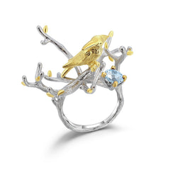 Creative Branches and Bird Natural Gemstone Silver Ring