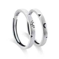 Sun Moon Pattern Brushed Finish Silver Couple Ring