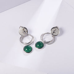 Geometric Design 925 Silver Green Agate Drop Earrings for Women