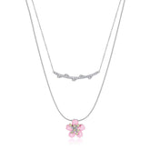 Pink Enamel Cherry Blossom Double Layers Silver Necklace