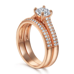 Round Zircon Four Prongs Cathedral Silver Ring Set