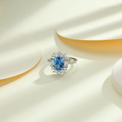 Colourful Oval Zircon Four Prongs Soleste Halo Silver Ring for Women