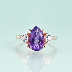 Pear Shape Natural Amethyst Silver Ring