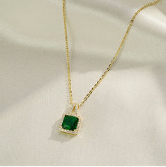 Soleste Halo Square Emerald Green Zircon Silver Necklace