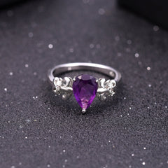 European and American Fashion Natural Amethyst with Pear Drop Silver Three Prongs Ring for Women