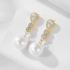 Long Style Zircon Round Pearl Sterling Silver Drop Earrings