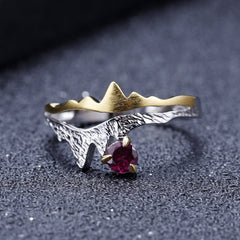 Split Mountain Design Round Cut Natural Gemstone Opening Silver Ring