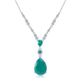 European Style Inlaid Natural Green Agate Three Prongs Pear Drop Pendants Silver Necklace for Women