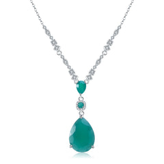 European Style Inlaid Natural Green Agate Three Prongs Pear Drop Pendants Silver Necklace for Women