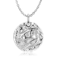 Tyrannosaurus Embossed Round Disc Pendant Silver Necklace