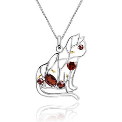 Irregular Geometric Design Inlaid Natural Colourful Gemstone Cat Shape Pendant Silver Necklace for Women