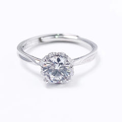 Four Heart-shape Prongs Round Zircon Flower Solitaire Silver Ring for Women