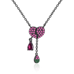 Dark Retro Style Personalized Design Inlaid Natural Rose Pomegranate Heart Shape Pendant Silver Necklace for Women