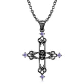 Black Skull Hollow Cross Pendant Purple Zircon Silver Necklace