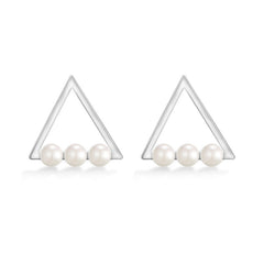 Hollow Triangle with Freshwater Pearl Silver Stud Earrings for Women