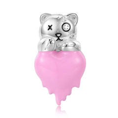 Bear with Pink Melt Heart Silver Necklace