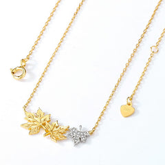 Two Tone Maple Leaf Pendant Zircon Sterling Silver Necklace
