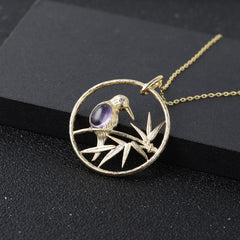 Premium Design Natural Amethyst Bird Circle Pendant Silver Necklace for Women