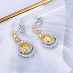 European Yellow Zircon Moonstar Oval Shape Silver Drop Earrings for Women