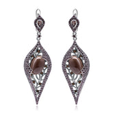 Italian Craft Vintage Style Inlaid Natural Crystal Creative Leaf Silver Drop Earrings for Women