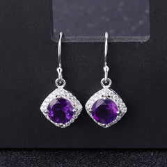 Natural Amethyst Soleste Halo Round Shape Silver Drop Earrings for Women