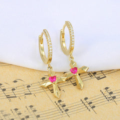 Cross with Red Corundum Silver Hoop Earrings for Women