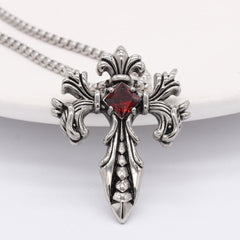Cross Flower Sword Square Zircon Titanium Steel Necklace for Men
