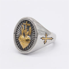 Cross and Heart oval Titanium Steel Ring for men