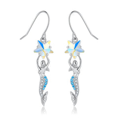 Pentagram Zircon Mermaid Pendant Silver Hook Earrings