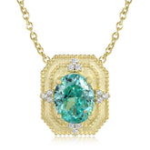 Sandblasting Retro Rectangle Pendant Oval Green Zircon Silver Necklace