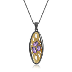 Italian Craft Design Vintage Luxury Sense Inlaid Natural Colourful Gemstone Pendant Silver Necklace for Women