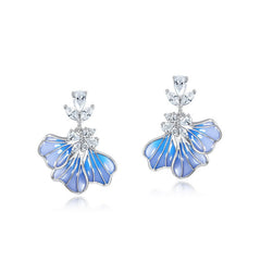Enamel Blue Iris Flower Pendant Zircon Sterling Silver Drop Earrings
