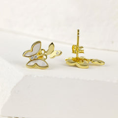 Double Butterfly Mother-of-pearl and Zircon Silver Studs Earrings for Women