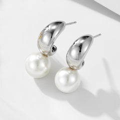C Shaped Round Pearl Sterling Silver Drop Earrings