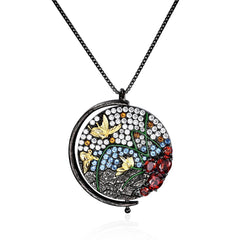 Italian Crafts Natural Style Pattern Retro Jewelry Design Inlaid Colourful Gemstones Butterfly In Garden Pendant Silver Necklace for Women