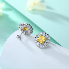 Yellow Zircon Soleste Halo Flower Shaped Silver Studs Earrings for Women