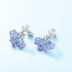 Enamel Blue Iris Flower Pendant Zircon Sterling Silver Drop Earrings