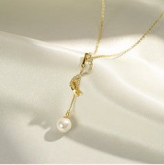 Curved Shape with Pearl Tassel Silver Necklace