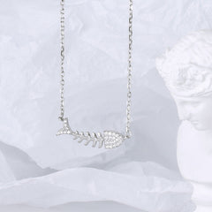 Fishbone with Zircon Pendant Silver Necklace for Women