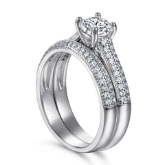 Round Zircon Four Prongs Cathedral Silver Ring Set