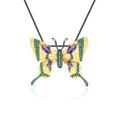 Brooch Pendant Dual-use Inlaid Natural Gemstone Butterfly Pendant Silver Necklace for Women