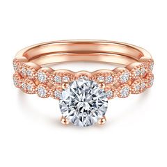 Four Prongs Round Zircon with Beading Silver Ring Set for Women