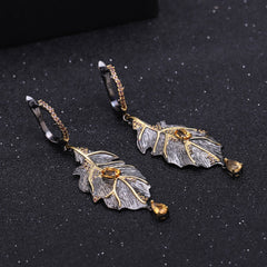 Italian Design Inlaid Natural Crystal Leaf Shape Silver Drop Earrings for Women