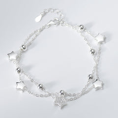 Double-chain Beading Star and Round Beads Silver Bracelet for Women